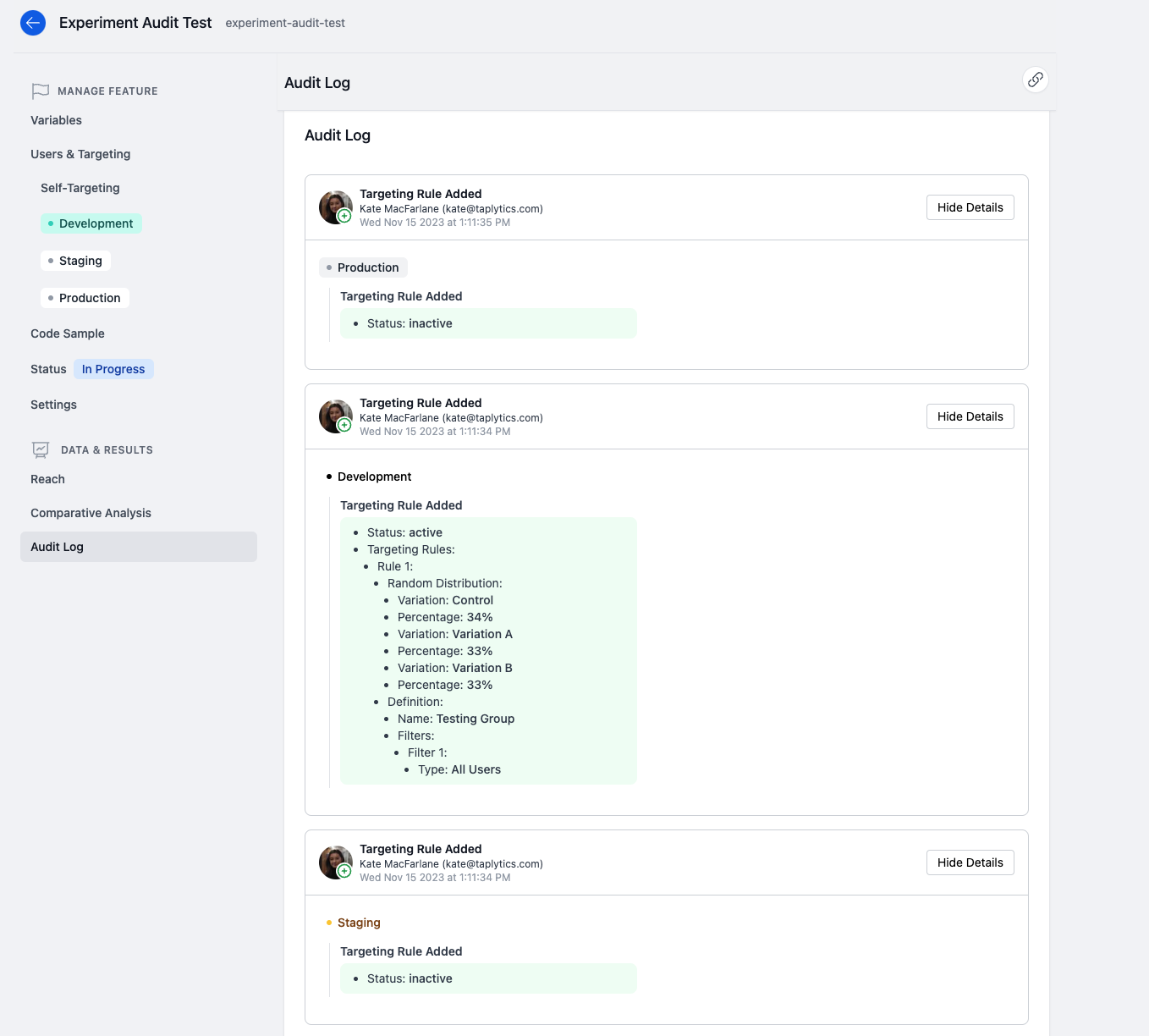 Audit Log Experiment Feature Type